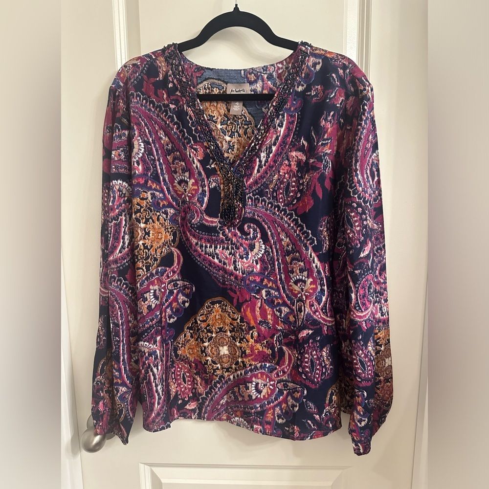Chico’s Brushed Paisley Long Sleeve Blouse SZ 4 Popover Sleeve V Neck Color Blue